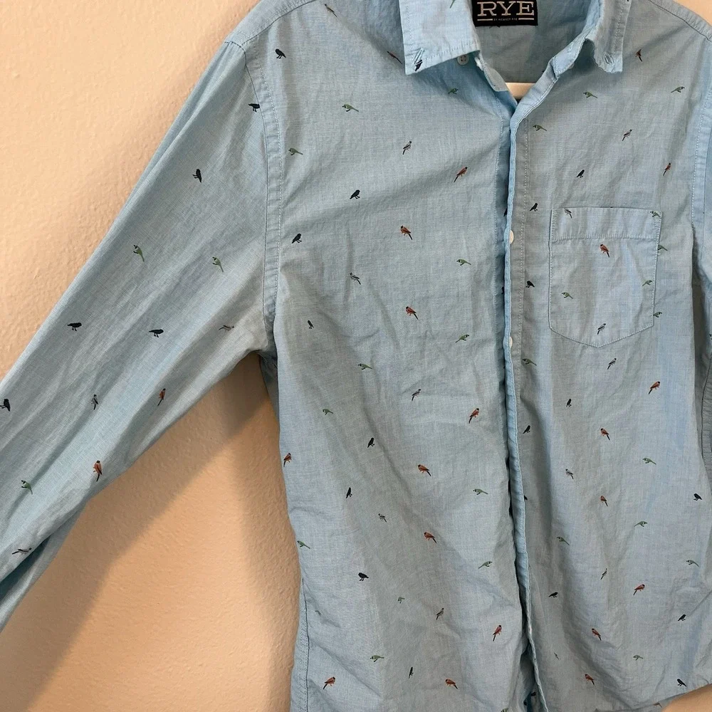 Rye Mens Button Up Shirt Slim M Birds Novelty Print Preppy‎ Classic Office - Picture 2 of 6